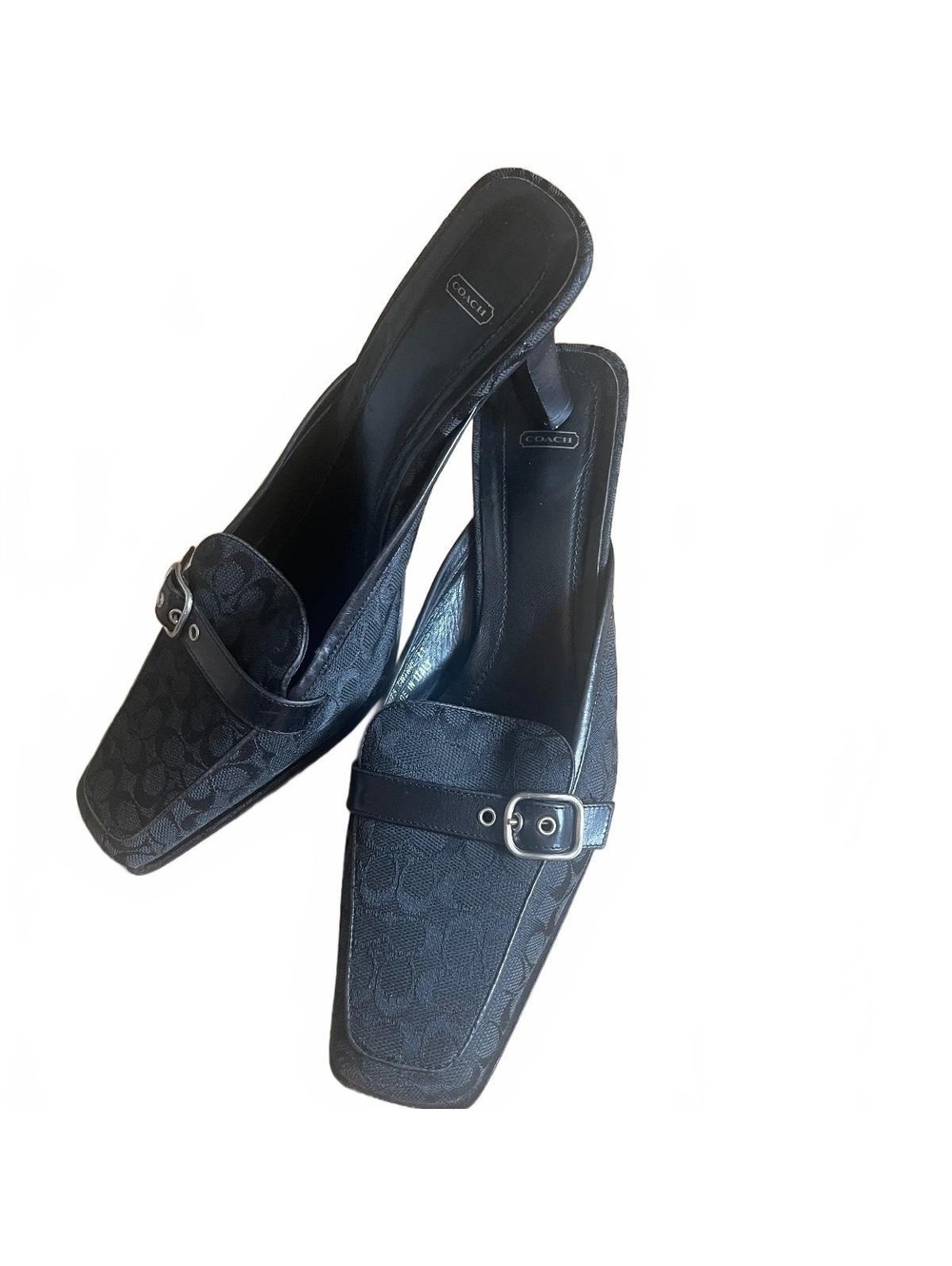 Coach Black Signature 8.5 Canvas Buckle Mule Heels Made in Italy